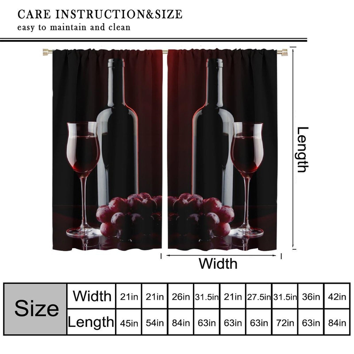 Wine Curtains, Red Wine Bottle Glass Grapes Print, Light Filtering Window Drapes for Kitchen Dining Room Living Room, 20.5" W x 44.5" L, 2 Panels （No Blackout）