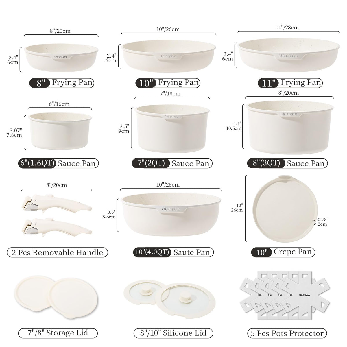JEETEE Pots and Pan Set Non Stick 19 Pcs, Cookware Set Detachable Handle, RV Kitchen Cooking Set Removable Handles, Stackable Non-stick Set, Oven Safe, Beige