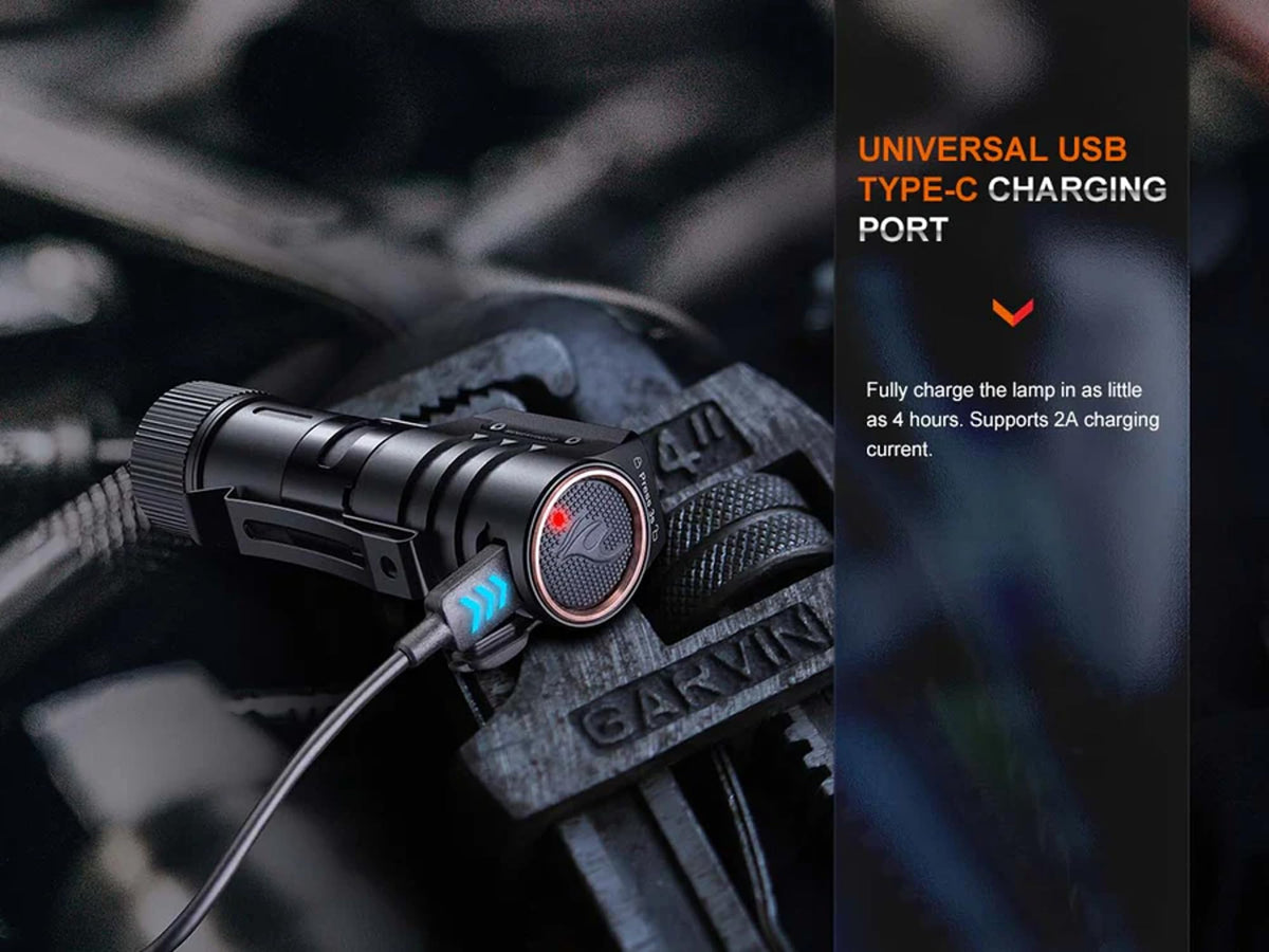 Fenix HM71R 2700 Lumens Headlamp, Spot Light, Flood Light, L-Shape 90 Degree Right Angle Flashlight Industrial Grade, with a USB Wall Plug