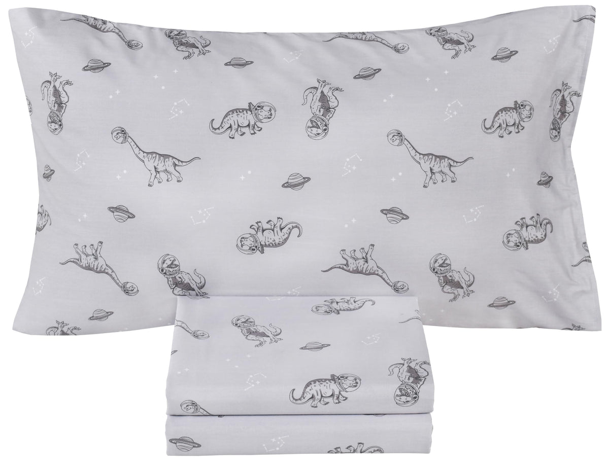 Scientific Sleep Gray Dinosaur Space Walk Universe Travel 100% Cotton 3 Pcs Twin Bed Sheet Set Kids Toddler Teen, Flat Sheet & Fitted Sheet & Pillowcase Kids Bedding Set Twin