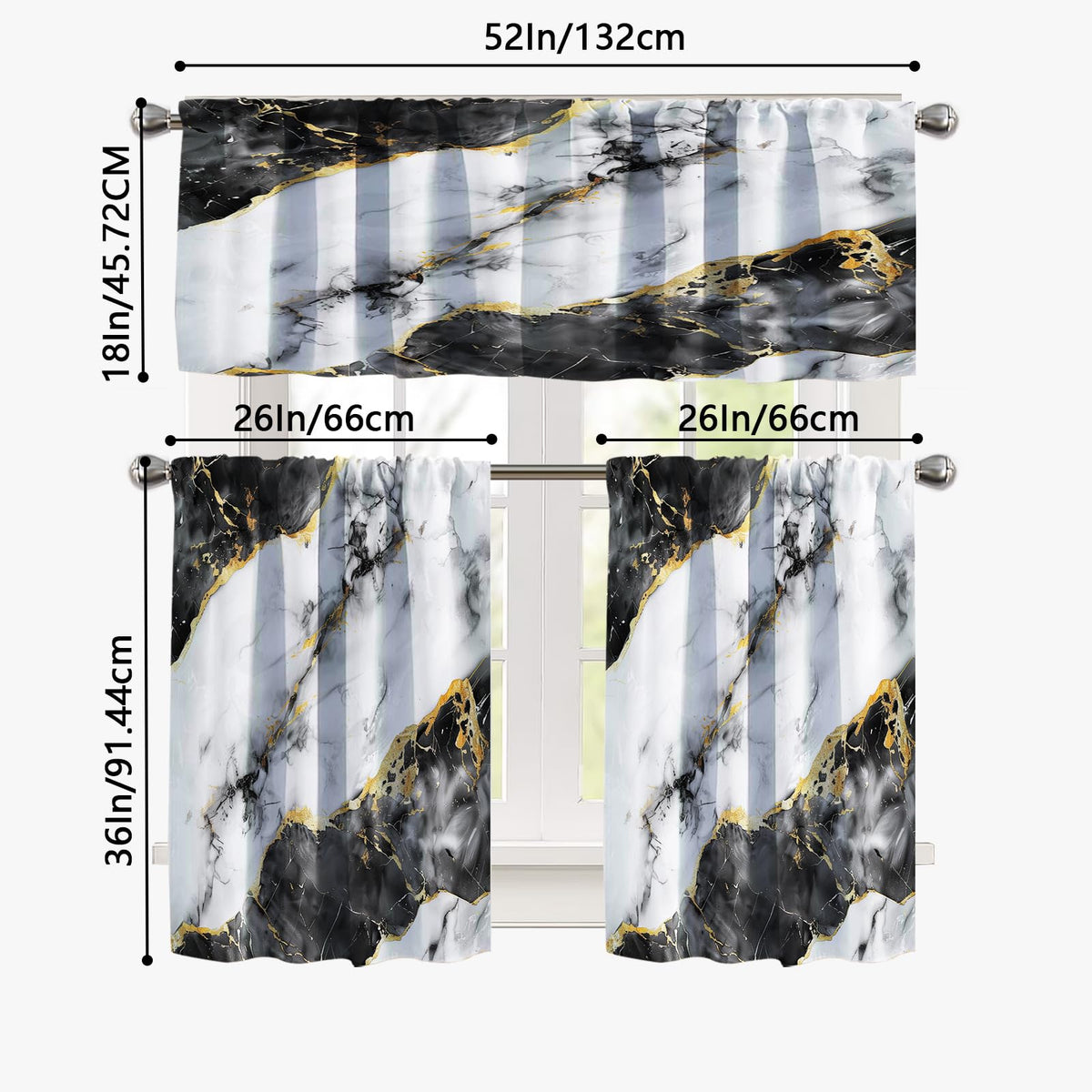 KINUUIS Black White Marble Blackout Kitchen Window Tier Curtains and Valance Set, 52 x 36 Inch Abstract Art Window Curtains Set with Rod Pocket for Small Windows, Living Room or Bathroom