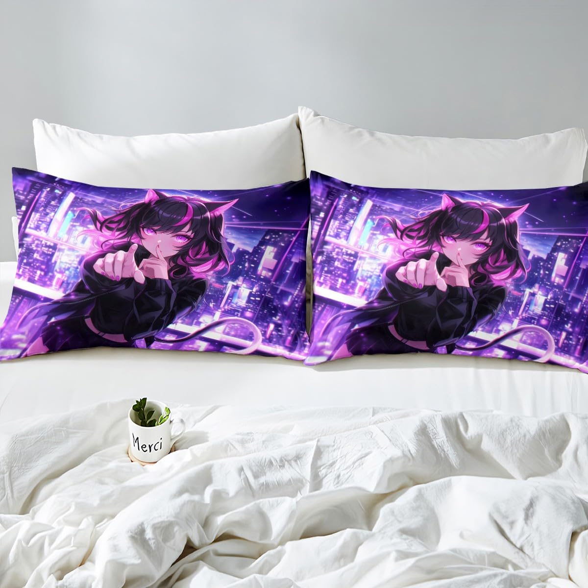 Erosebridal Kids Anime Girl Twin Size Sheet Set, Japanese Anime Bed Sheets, Cartoon Girl Fitted Sheet Top for Boys Teens Bedroom, Kawaii Japanese Animation Bedding Set with 1 Pillow Case