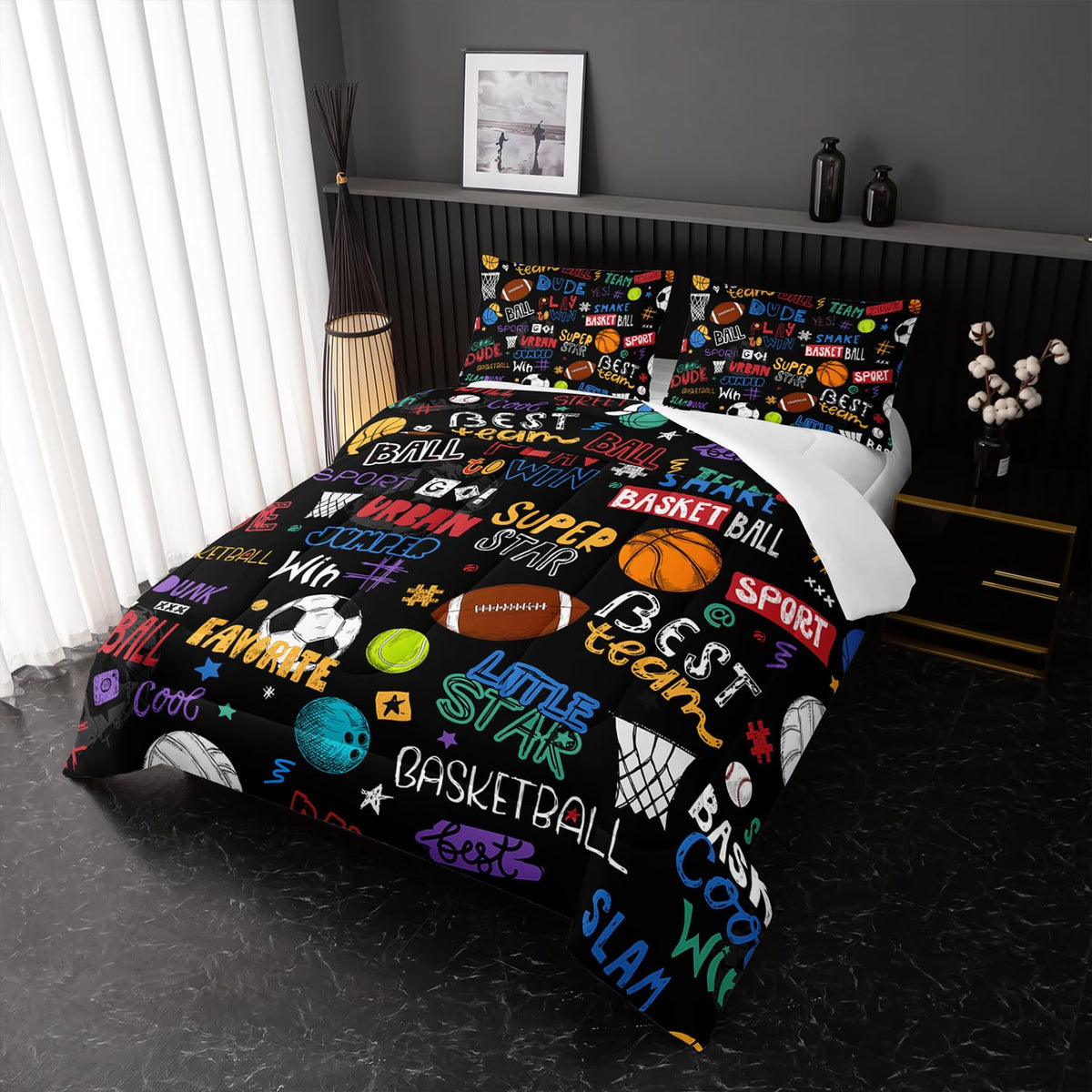 Nttopship Sports Ball Twin Comforter Set,Football Rugby Basketball Bedding Set for Kids Boys Girls Youth Ball Sports Themed Bedroom Decor Bedding Set 3 Pcs Bed in A Bag (1 Comforter, 2 Pillow Case)