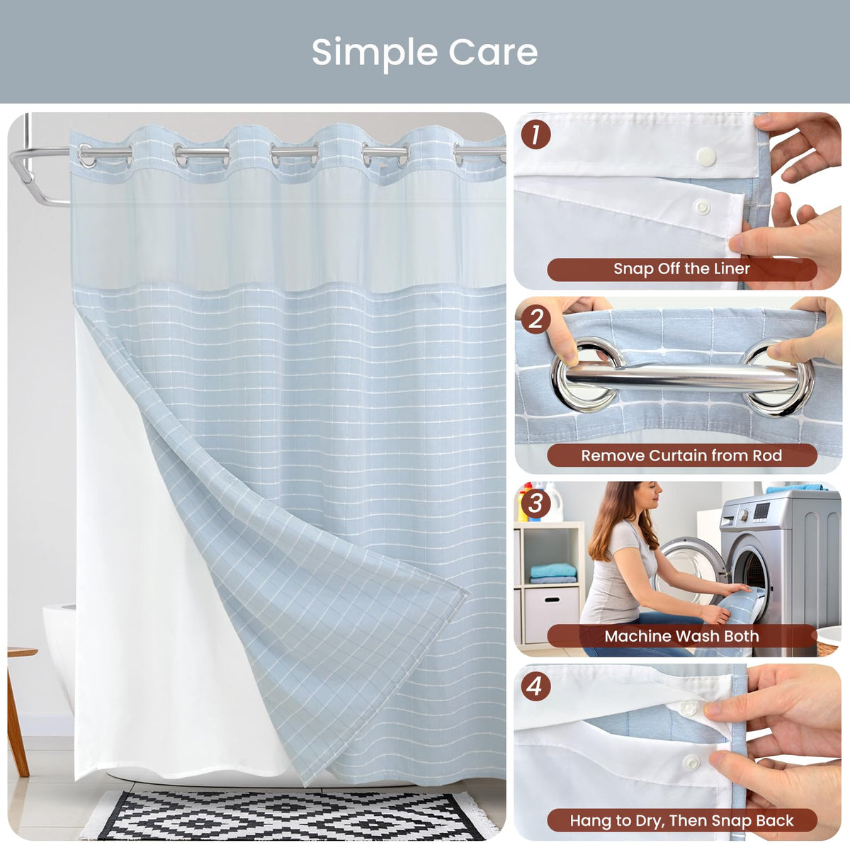 DRIFTED ROOT No Hook Shower Curtain Set with Snap-in Detachable Liner and Mesh Top Window, Grid Jacquard Fabric, Water-Repellent, 4 Hem Magnets, Side Suction Cups, Blue, 72 x 80 Inch