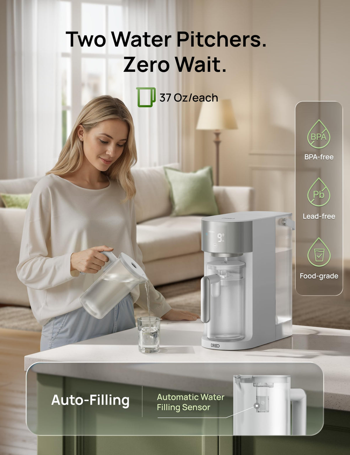 DREO Reverse Osmosis Water Filter Countertop, RO Filtration System, 3:1 Pure to Drain, TDS & Filter Life & 2 Autofill Pitchers, Install-Free, Self-Cleaning Water Purifier, RO Water Filter