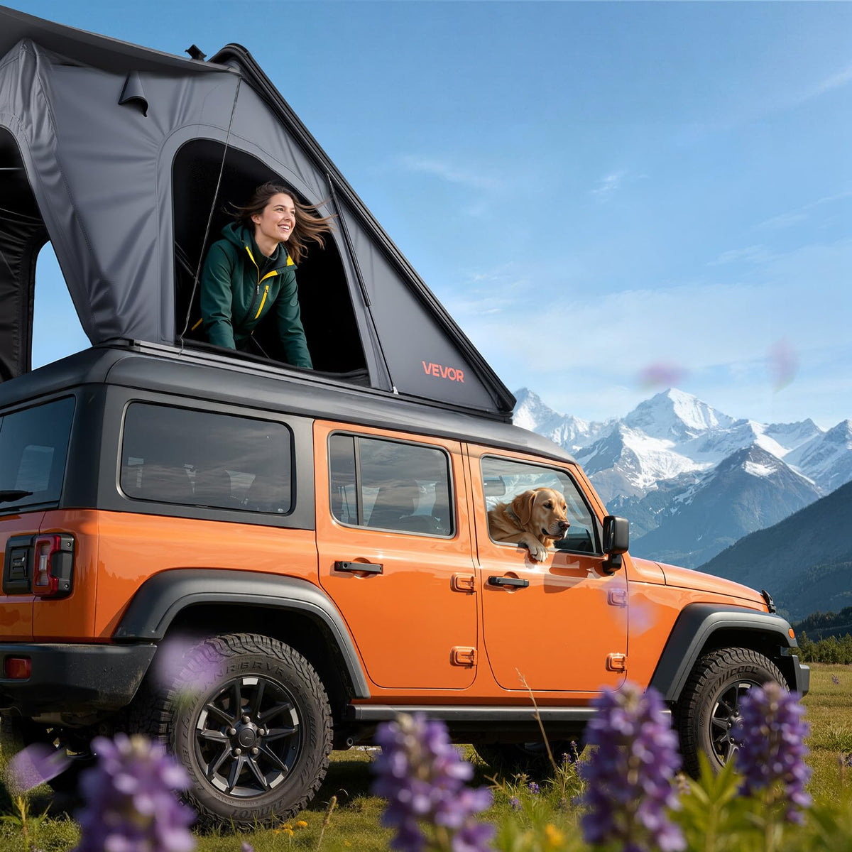 VEVOR Rooftop Tent Hard Shell, 2-3 Person Aluminum Roof Top Tent Hardshell with Tri-Color LED Light, Thick Mattress & 1 Window, Waterproof Windproof Overland Camping Car Roof Rack for Jeep SUV Pickup