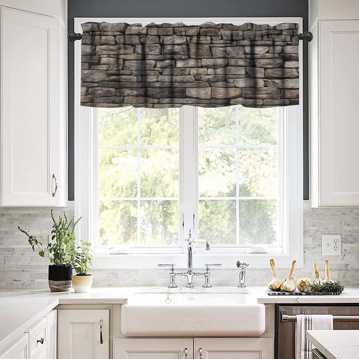 LOMADIA Retro Stone Brick Wall Kitchen Valance Curtain,Rocks Stone Wall Nature Scenery Rod Pocket Drapes Treatments Window Curtains for Living Room Office Cafe Bedroom Decor 54" W x 18" L (Pack of 1)