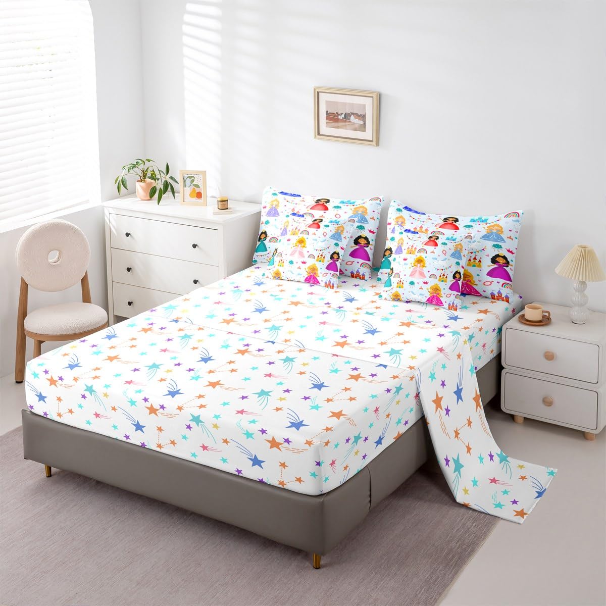 jejeloiu Cute Princess 7 Piece Bedding Set Twin Size Girly Loves Bed in a Bag for Boys Girls Bedroom Decor Pale Blue Clound Rainbow Comforter Set with Sheets,Pillowcases & Cushion Cover Castle Soft