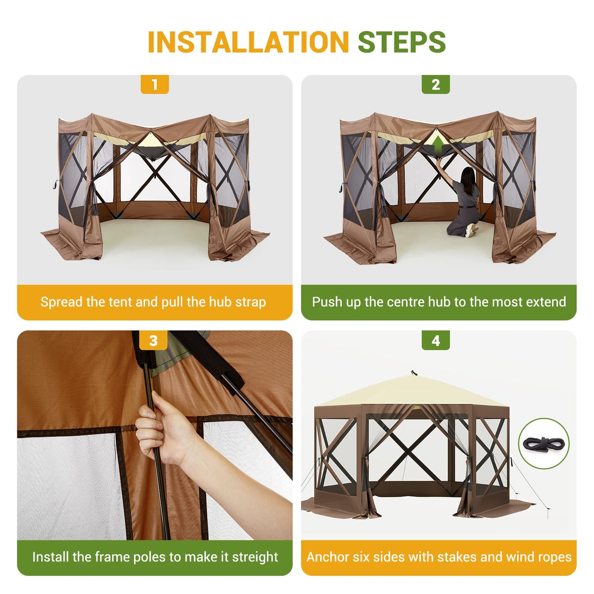 Hipicute Pop Up Gazebo,10 X 10 Ft Portable Outdoor Camping Pop Up Canopy Screen Tent with Mosquito Netting Gazebo,Waterproof 6 Sidewalls,Ground Stakes,Carry Bag for Lawn, Garden, Backyard(Brown)
