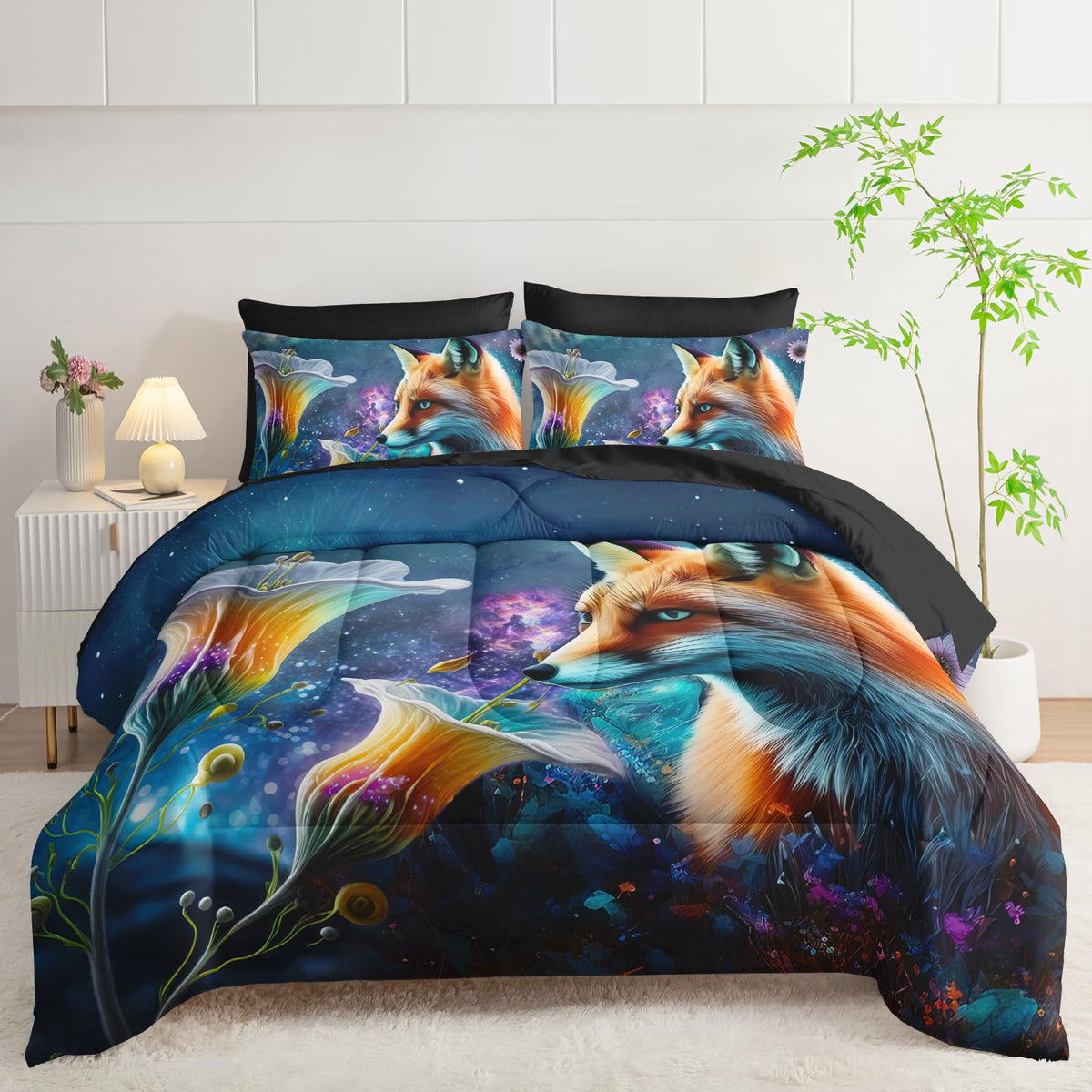 AILONEN Cute Fox Comforter Set Full 7-Piece Galaxy Flower Fox Bed in a Bag for Kids Boys,Soft Comforter & Fitted Sheet with Flat Sheet,2 Pillowcases,2 Pillow Shams