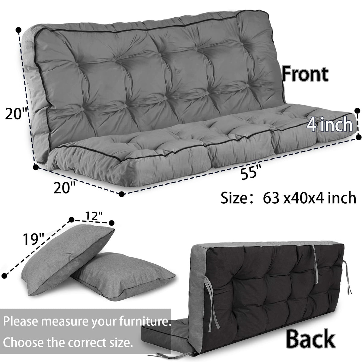 Yehotty Outdoor Swing Cushions Waterproof, Thicken Porch Swing Cushion Replacement, 55 Inch Bench Seat Cushions for Garden Furniture Pad (Gray, 40X55 inch)