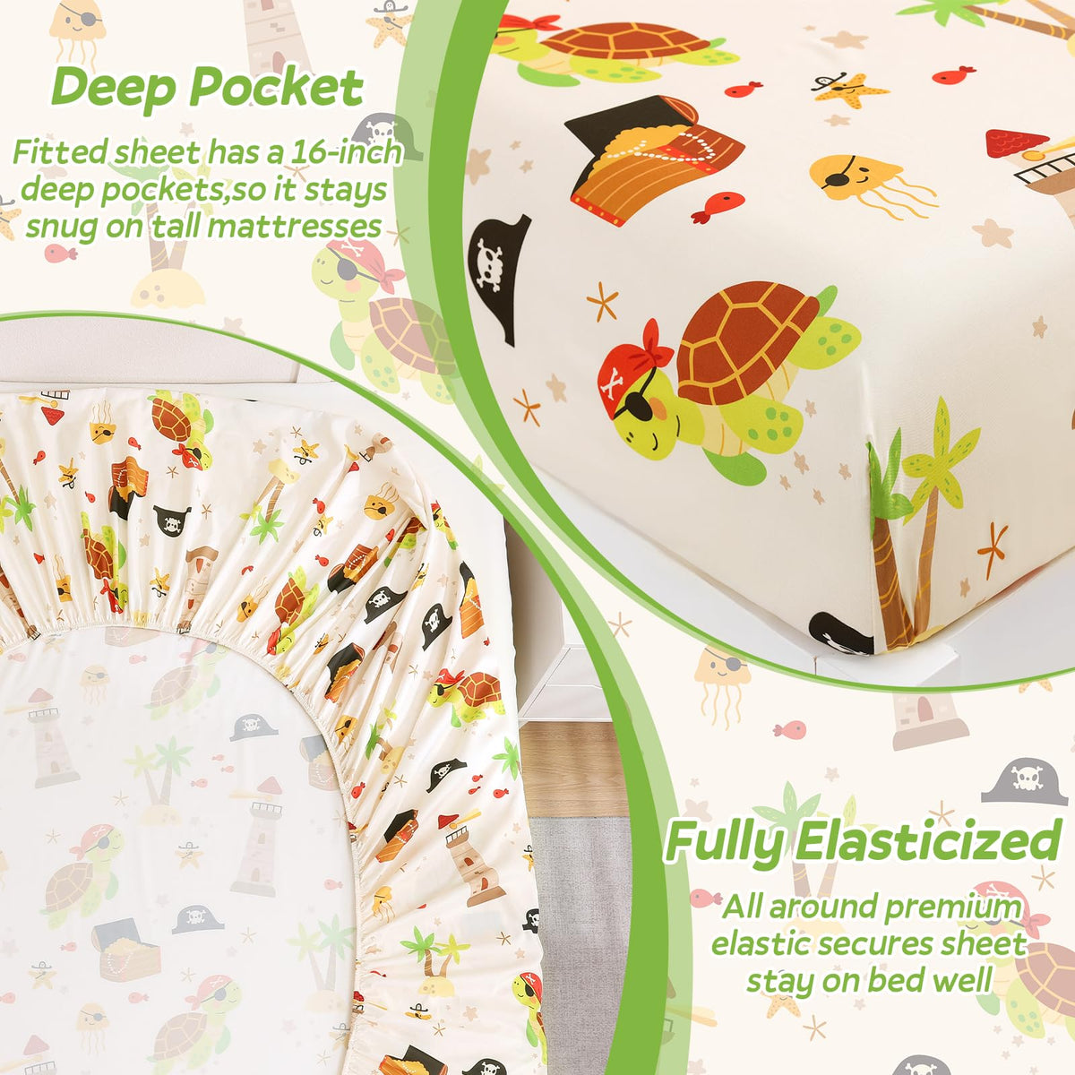 ChicView Twin Sheet Set Kids,3 Pieces Breathable Soft Microfiber Bedsheets for Child Boys Girls, Anti Pilling Deep Pockets Easy Care Bed Sheets, Turtle