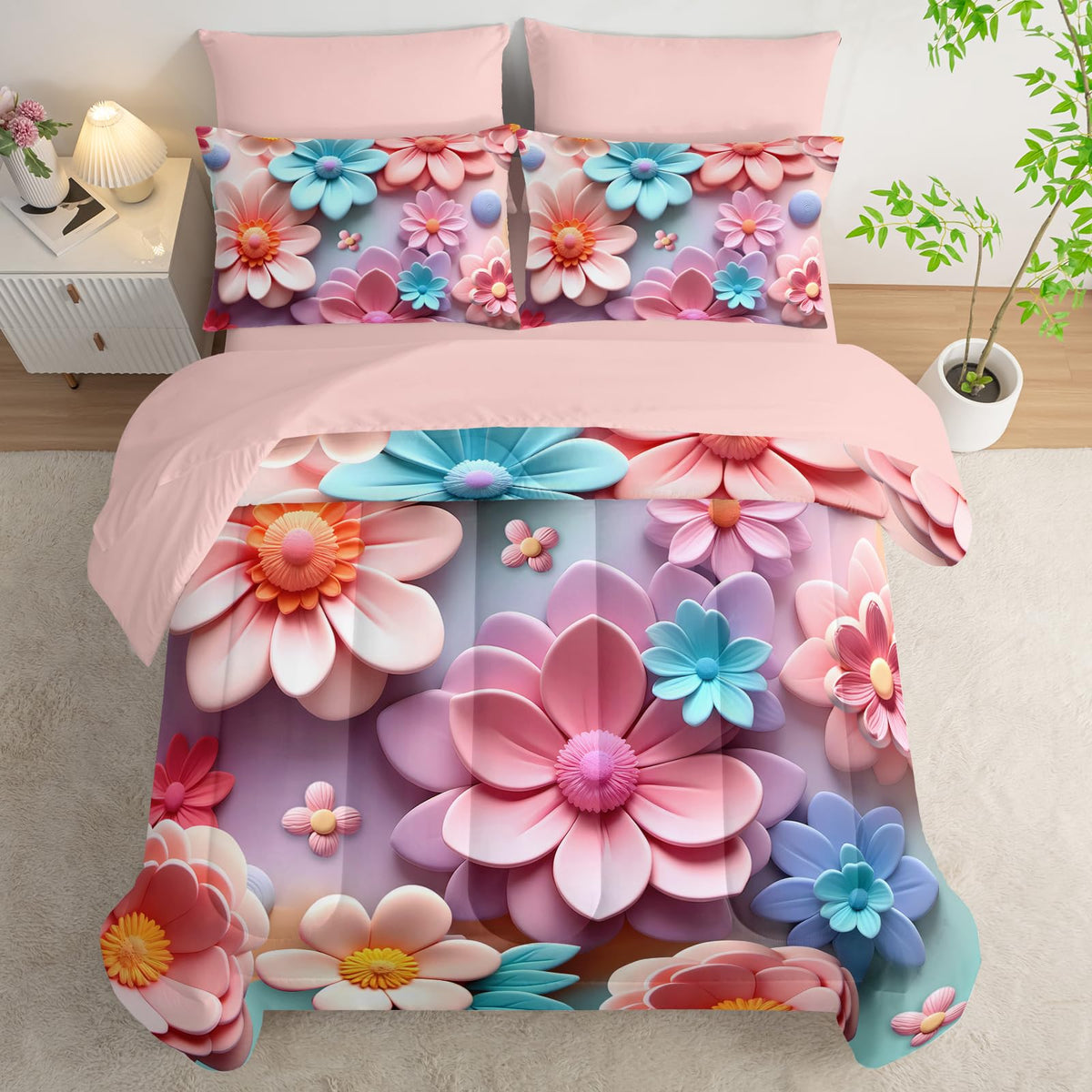 lneffble Pink Floral Comforter Set Queen Size Bed 7 Piece，Quilt Queen Size Bedding Set 7 Piece Farmhouse Blue Floral，(1 Comforter, 1 Flat Sheet, 1 Fitted Sheet, 2 Pillowcase and 2 Pillow Sham)