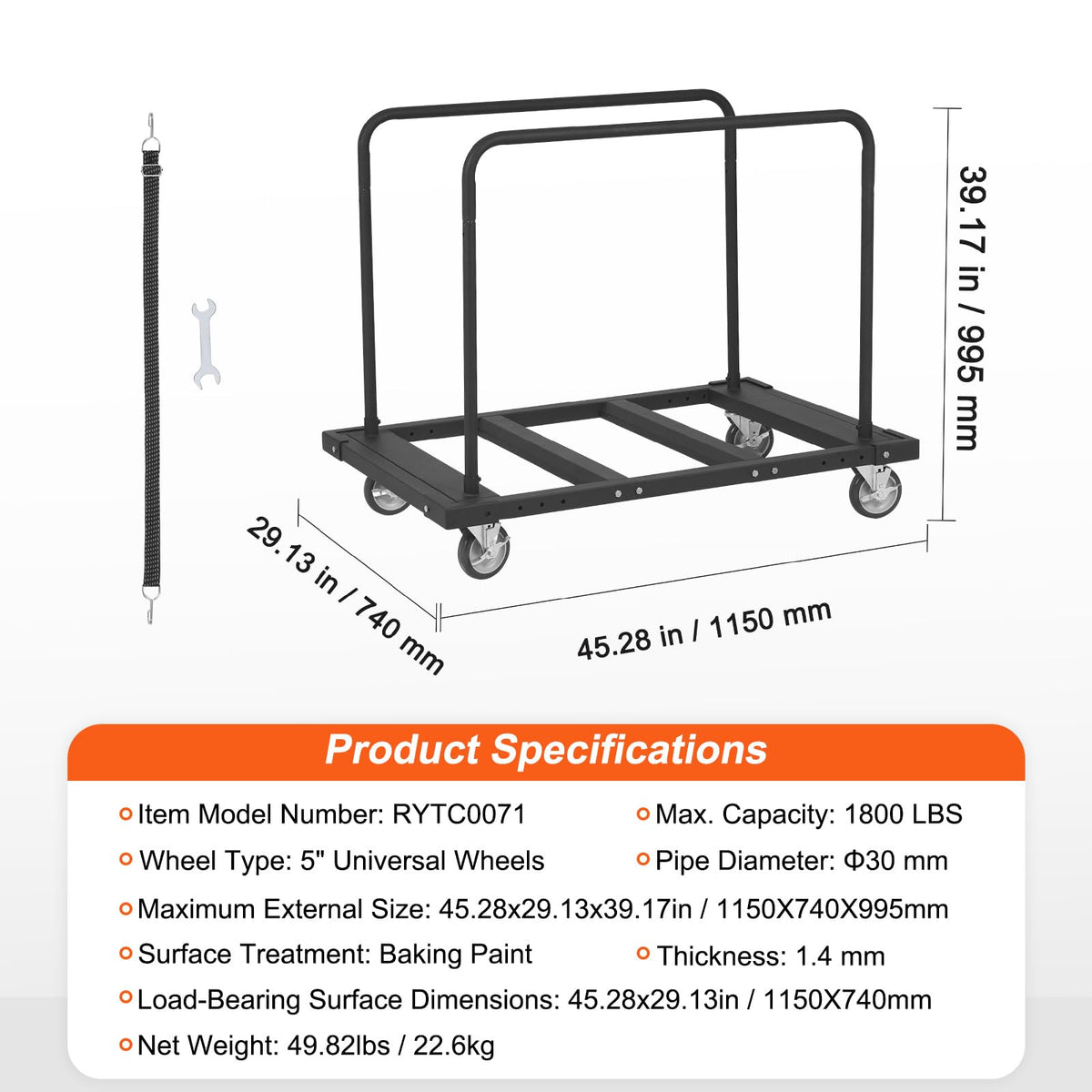VEVOR Folding Table Cart, Heavy Duty Table Trolley with 5" Swivel Wheels, 1800 LBS Drywall Dolly Cart for Garage, Home, Warehouse, Party Event Hotel Furniture 10 Table Capacity