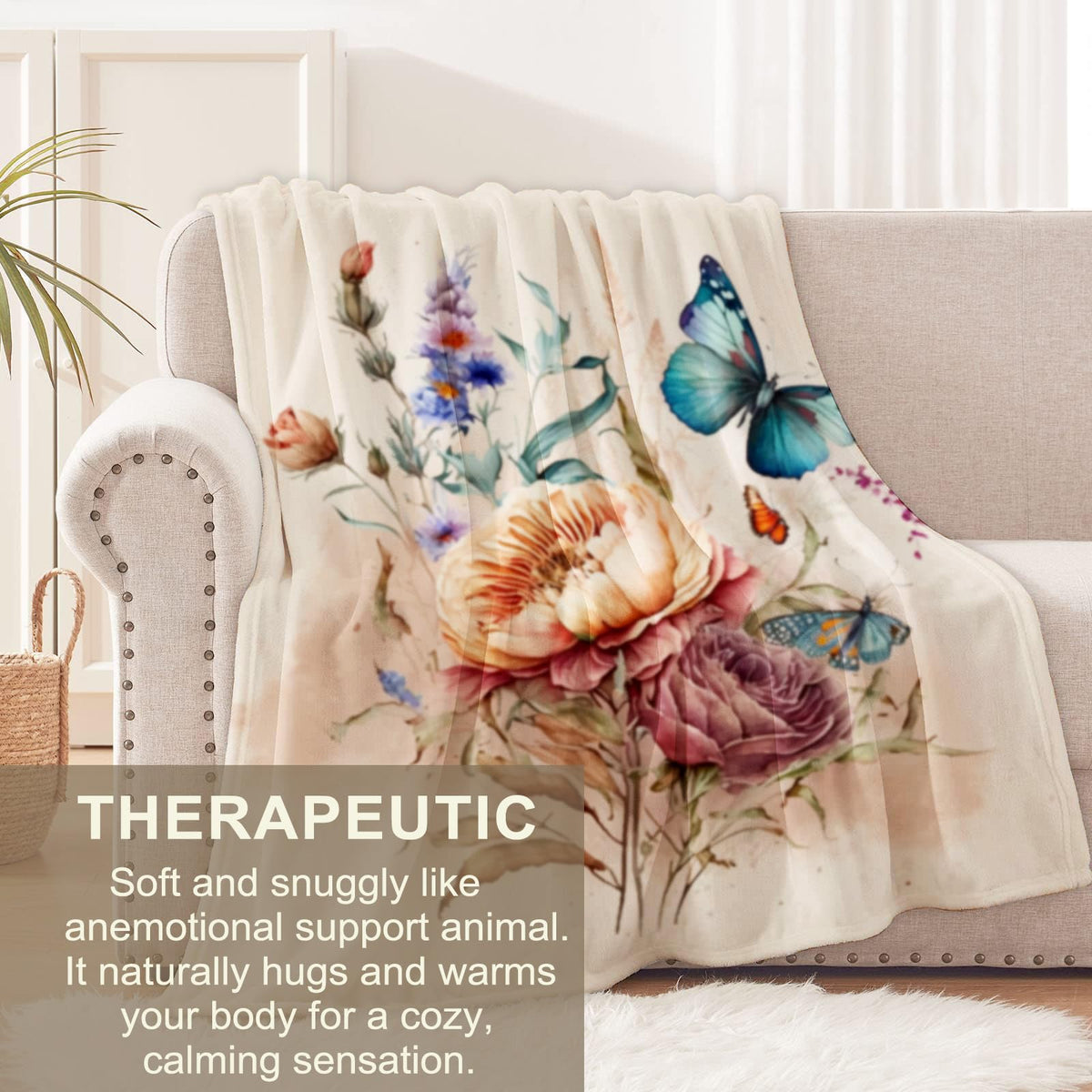 Flannel Butterfly Blanket for Girls Women, Floral Peony Throw Blanket for Sofa Couch Bed Living Room, Soft Warm Cozy, 60" x 50"