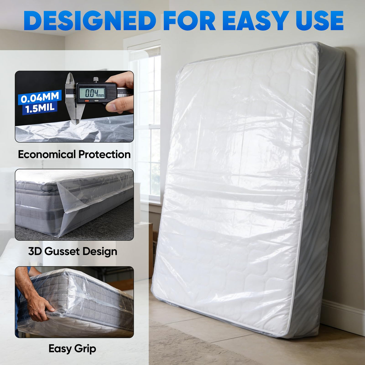 TICONN 2PK Plastic Mattress Bag for Moving Storage, Waterproof Mattress Protector Cover, Heavy-Duty Mattress Moving Supplies (1.5 mil, Queen)