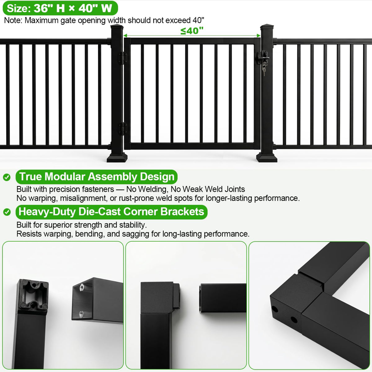 BH Railing 36" H x 40" W Heavy Duty Aluminum Picket Gate Kit – Modern Minimalist Design, AAMA 2604 Powder-Coated Textured Black, Rust & Corrosion Resistant, Maintenance-Free, Easy Installation