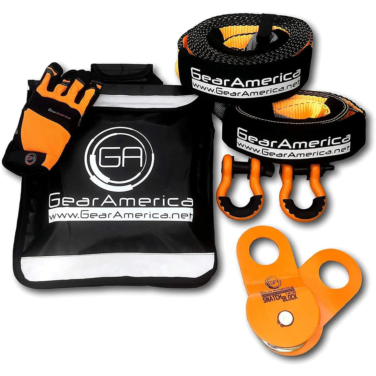 GearAmerica Off Road Recovery Kit, 9 Ton, Includes Tow Strap, Tree Saver, Snatch Block Pulley, D-Ring Shackles, Winch Line Dampener Bag, Gloves - Off Road Recovery Gear, 4x4, Orange