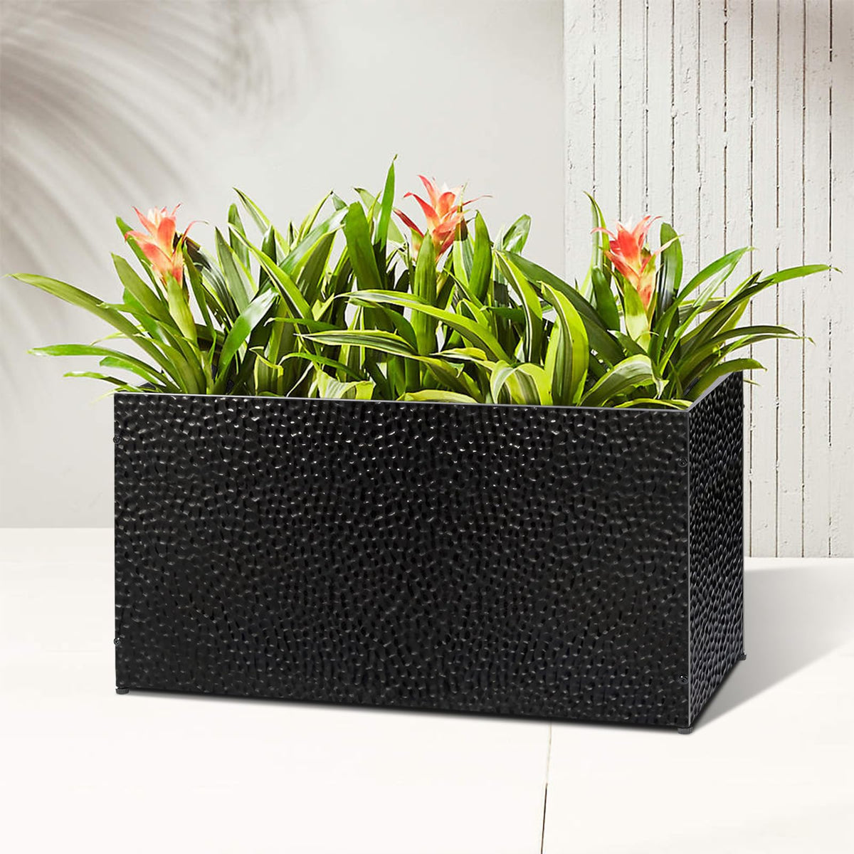 BAYN 30x12x16 Inch Rectangular Metal Planter Box – Black Hand-Hammered Metal Planter with Pre-Drill Holes, Heavy Duty Outdoor Garden Planter for Patio, Porch, Yard