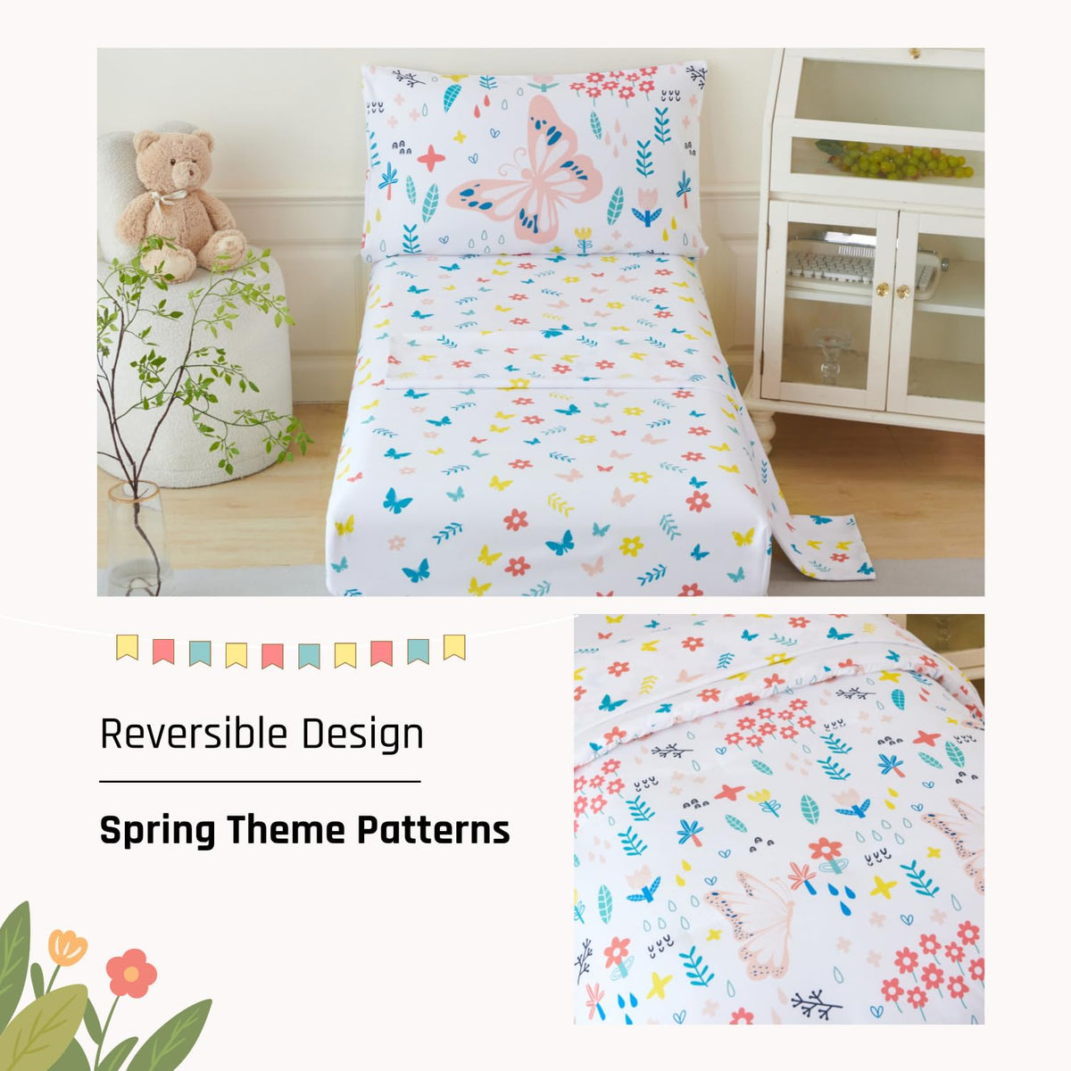 PERFEMET Girls Toddler Bedding Colorful Flower Blossom Comforter Set Butterfly Print Toddler Bedding Sets Ultra Soft Lightweight Bed-in-A-Bag for Toddlers(4 Pieces, White)