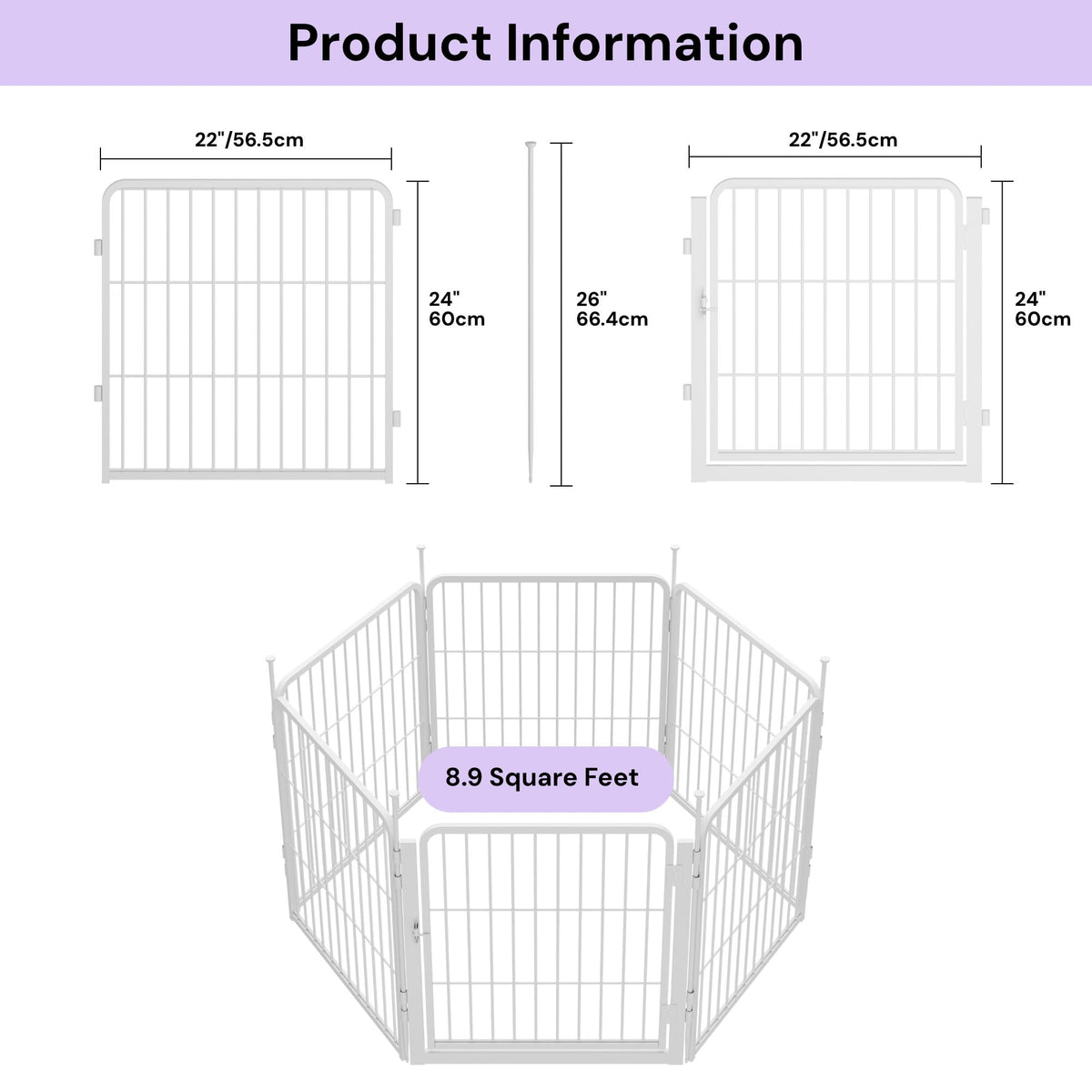 SunsGrove Garden Fence with Gate, 24 in(H) x 11.1 ft(L) 6 Panels Heavy Duty Metal Animal Barrier Fence for Yard, Suitable for Indoor or Outdoor Dog Pet Fence, Garden Fence Border, White