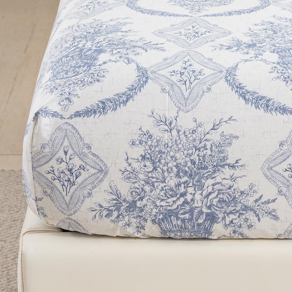 DAUAOTO Full Size 100% Cotton Bedding Printed Sheets Set. Up to 14" Deep Mattress, Farmhouse Country Cottage Pattern Bedlinen Sets, French Blue