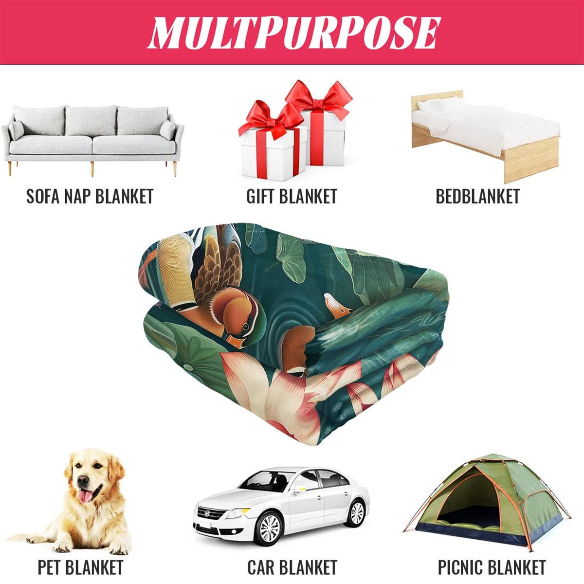 Lotus & Mandarin Ducks Blanket, Traditional Art Home Decor, Super Soft Fleece Throw Blankets for Couch Sofa Bed, 50" x 60"
