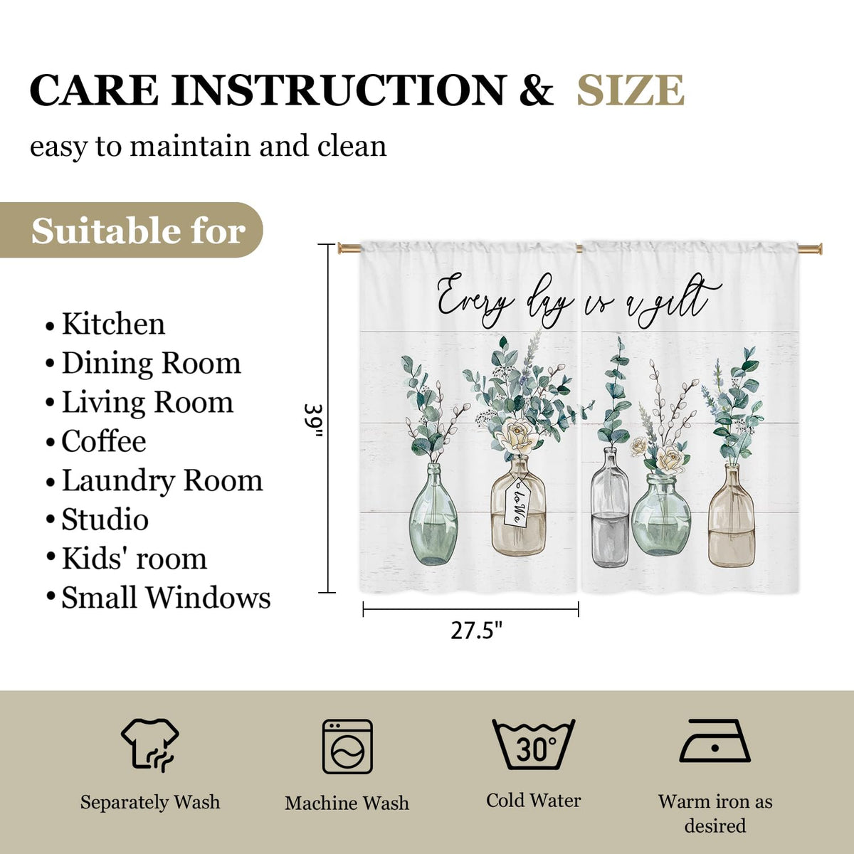 Cizuug Eucalyptus Bottles Plant Kitchen Curtains Green Leaf BotanicalSage Small Short Cafe Window Curtains Farmhouse Rustic Floral Vase Bathroom Tier Window Treatment Drapes 2 Panels
