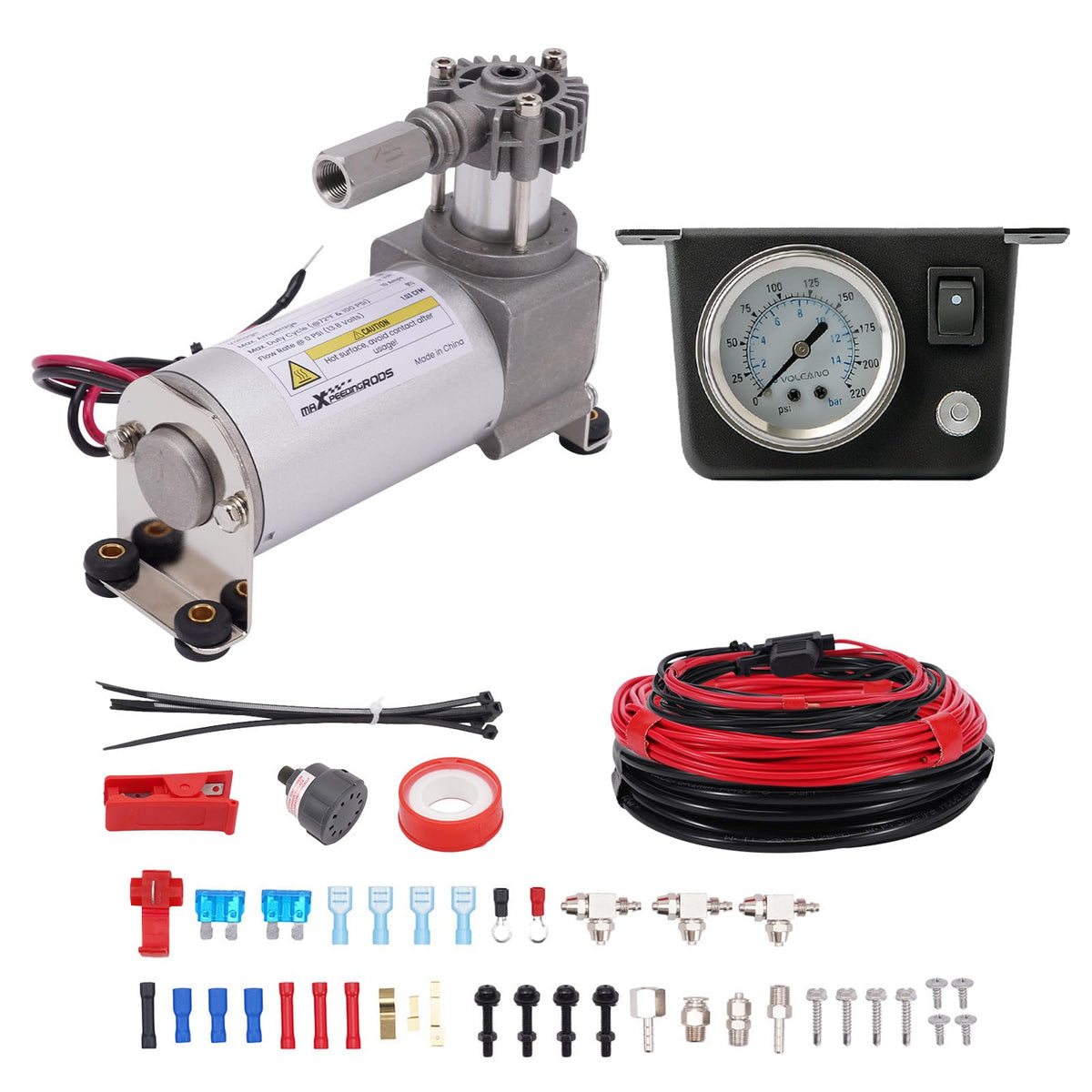 maXpeedingrods On Board Air Compressor System Up to 120 PSI Air Bag Compressor Kit with Analog Gauge Air Line T Fittings Single Path System for Trucks Vans