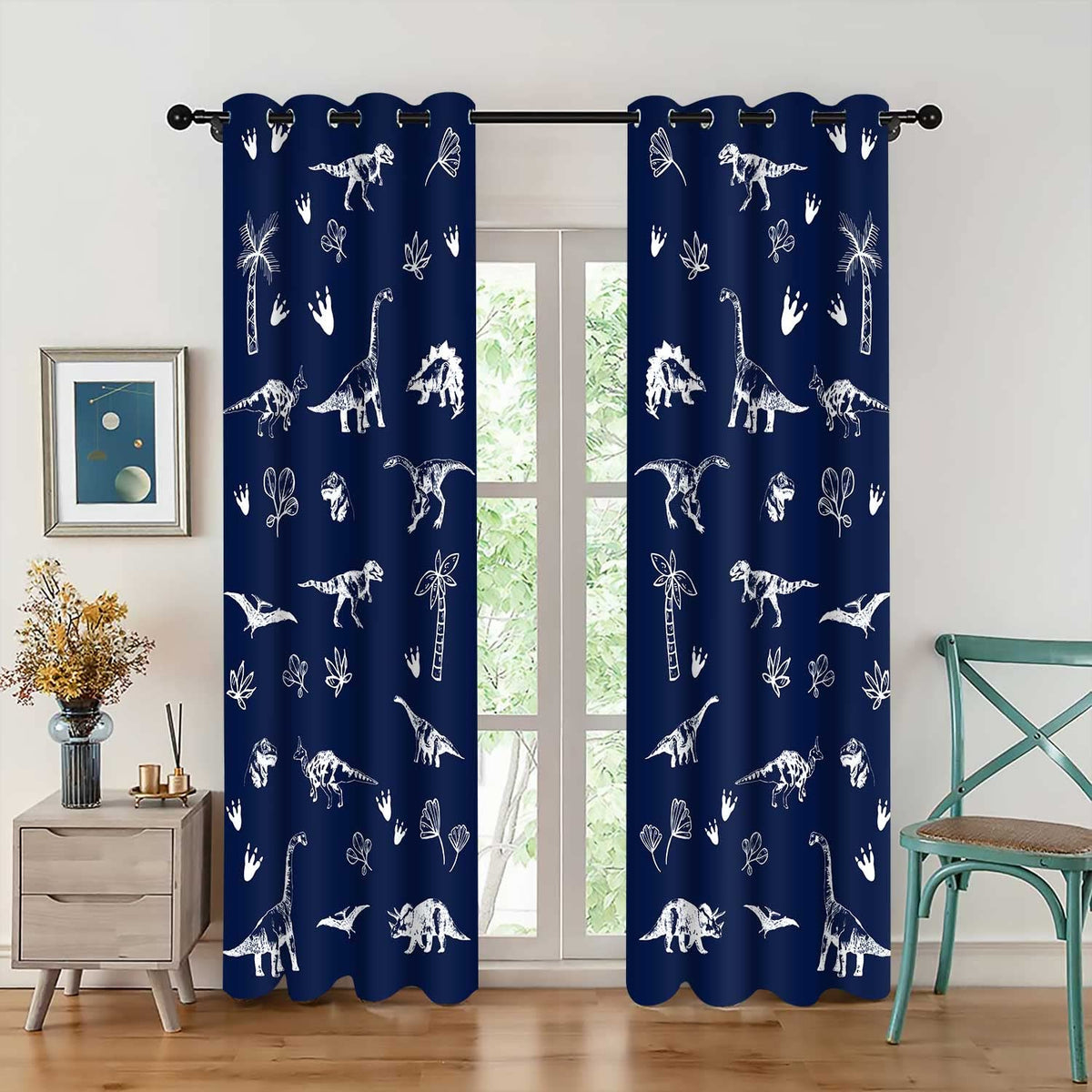 MIZSYE Navy Blue Dinosaur Printed Curtains Cartoon Dinosaur Graffiti Boys Bedroom Blackout Curtains Animal Printing Insulated Curtains Kids Teenage Playroom Living Room Decor 42x84Inch CLZYMS82