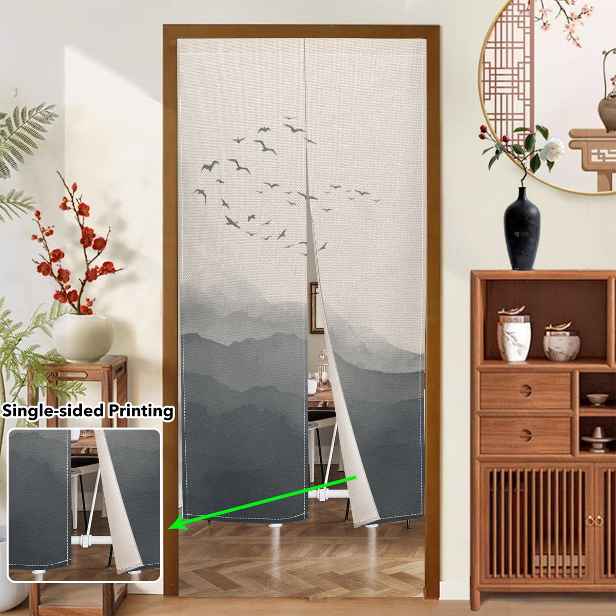 Leowefowa Jappanese Noren Doorway Curtain Traditional Chinese Ink Painting Mountain Japanese Feng Shui Door Curtain Tapestry Window Treatment Panel Room Door Divider Kitchen Home Decor, 33.5"x 70.9"