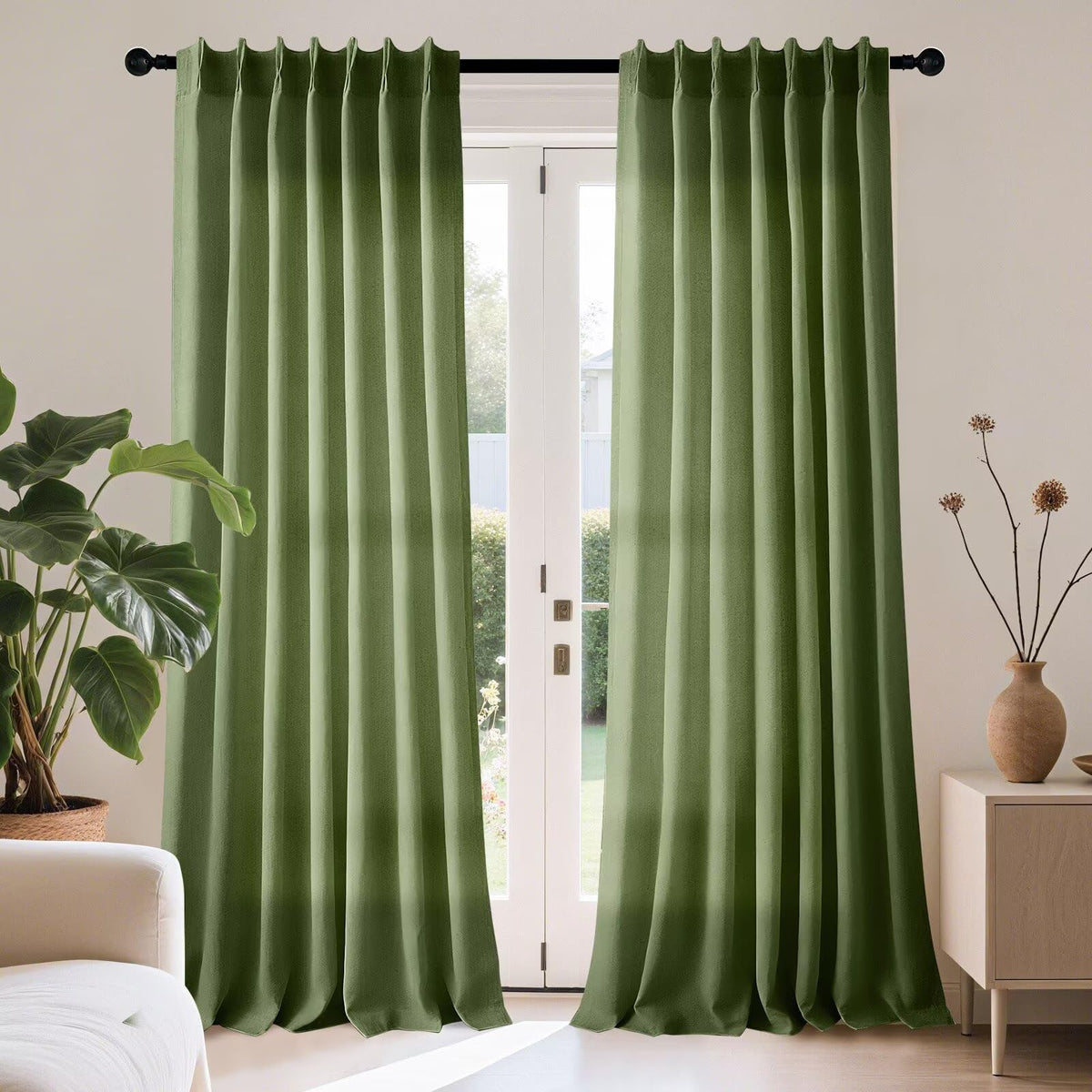 Joydeco Olive Green Pinch Pleated Linen Curtains 84 Inch Long 2 Panel Set for Living Room, Semi Sheer Curtain for Bedroom, Back Tab Light Filtering Drapes with Adjustable Hooks (40”W x84”L)