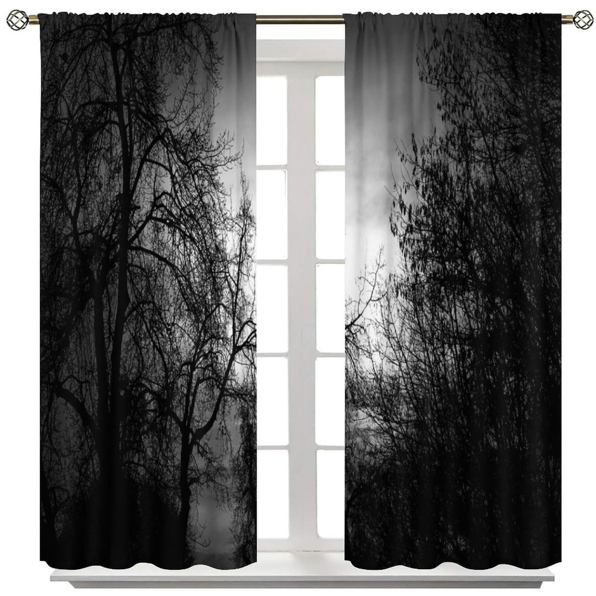 Gothic Forest Curtains Dark Black Forest Foggy Mysterious Pine Black Tree Forest Nature Scenery Blackout Window Treatments for Living Room Bedroom Window Drapes 42" W X 45" L
