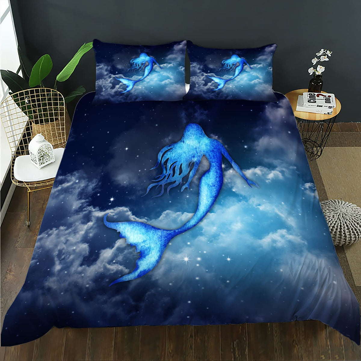 CVHOUSE Mermaid Duvet Cover Queen Size,Sky Cloud Bedding Set for Girls Kids Teens,Mermaid Comforter Cover,1 2 Pillowcases 3 Piece Queen 89'x89'