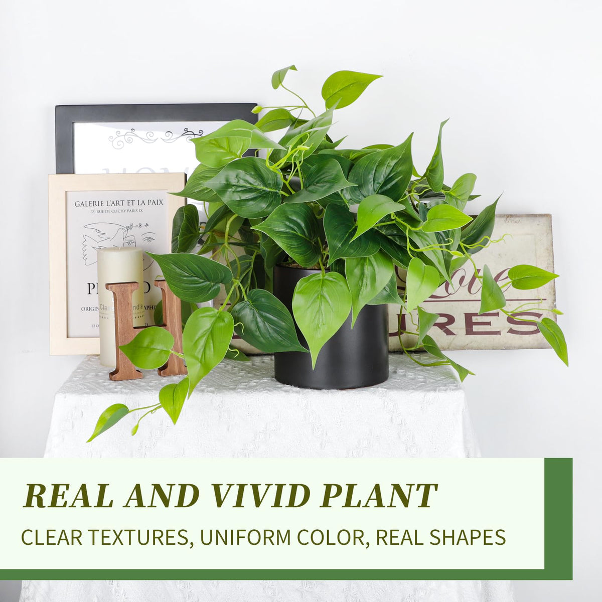 JPSOR Artificial Indoor Plants for Home Decor, 12 inches Pothos in Black Ceramic Pot with Iron Wire, 1 Count