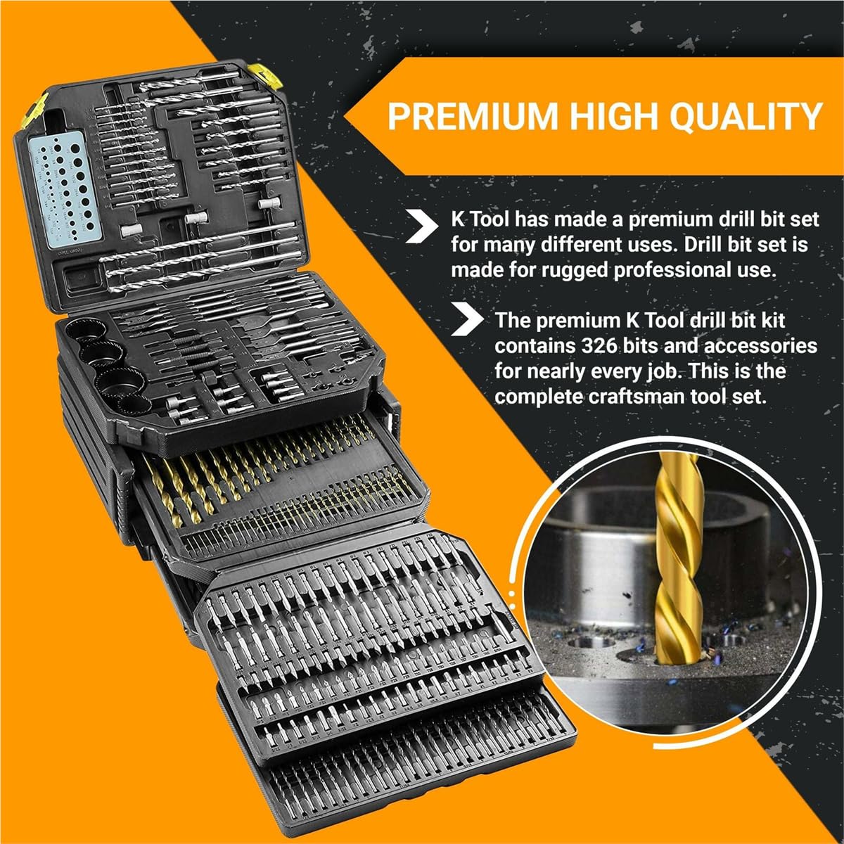 K Tool International 10330 Drill Bit and Accessory Set, 326 Piece Bit Kit, Folding Storage Case, Portable Carry System, for Shop, Garage, and Jobsite Use, Metal, Wood, and Plastic