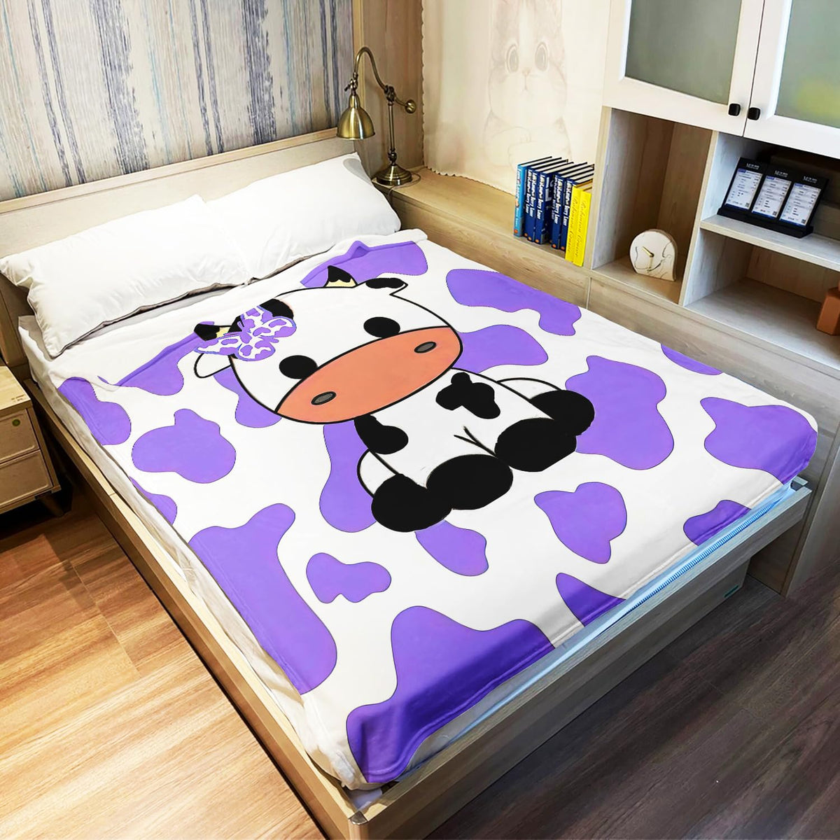 OHTMTHO Cute Cartoon Cow Throw Blanket, Soft Warm Cozy Fleece Blanket for Couch Bed, 60" x 80", Purple