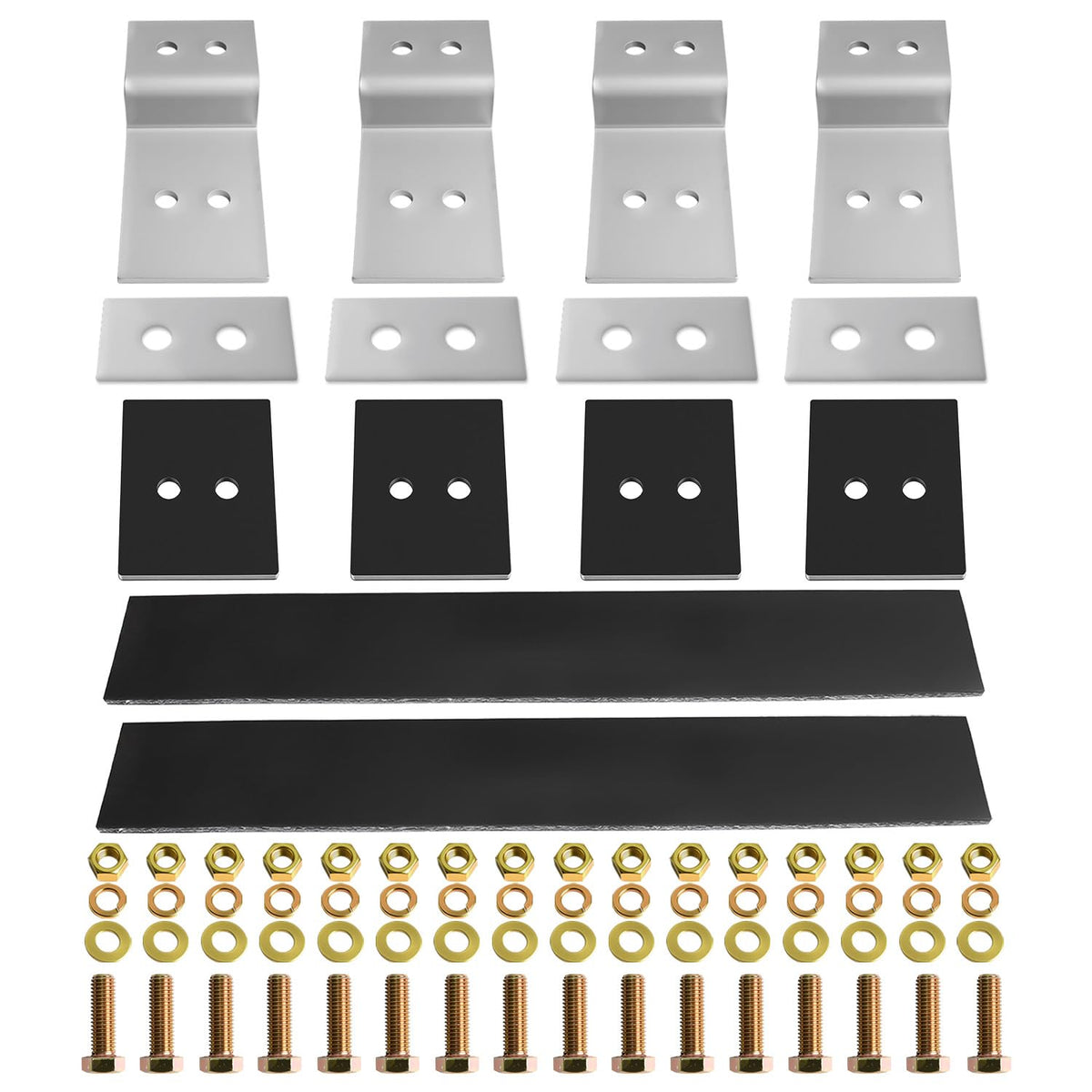 Cab Rack Side Mounting Kit - 4 L-Shaped Steel Brackets with 4-Hole Design, 2 Black Rubber Straps, 4 Thick Rubber Pads, 4 White UPE Anti-Scratch Spacers, Complete Set of Bolts, Nuts and Washers.