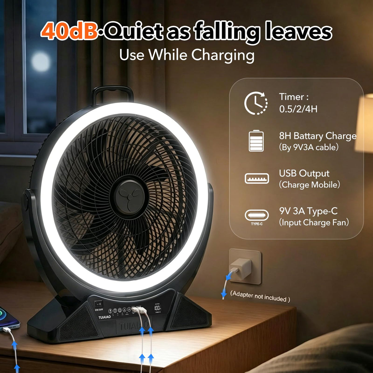 TUIAIAO Large 45000mAh Battery Operated Camping Fan Manual Tilt 50°, 12-Inch Blades Portable Rechargeable Outdoor Fan with 5 Speed, High Airflow, Cordless Floor Fan with Timer for Garage, Hurricane