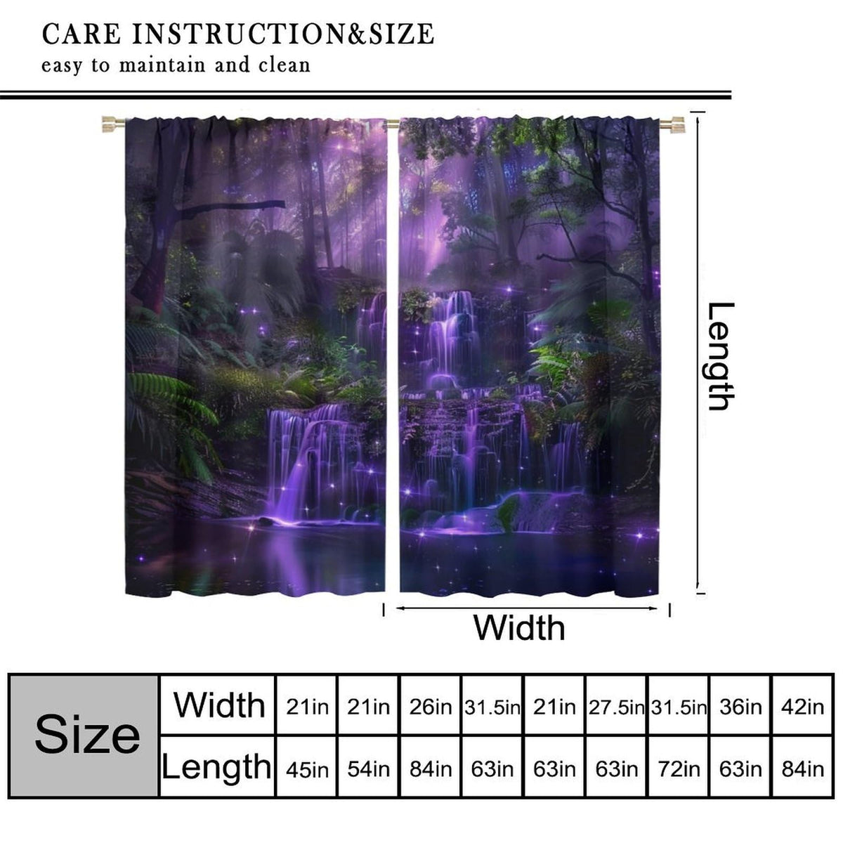 HZOHNAGO Enchanted Forest Curtains Fantasy Nature Purple Fireflies Waterfall Pattern Blackout Print Rod Pocket Window Drapes for Bedroom Living Room 42x45in