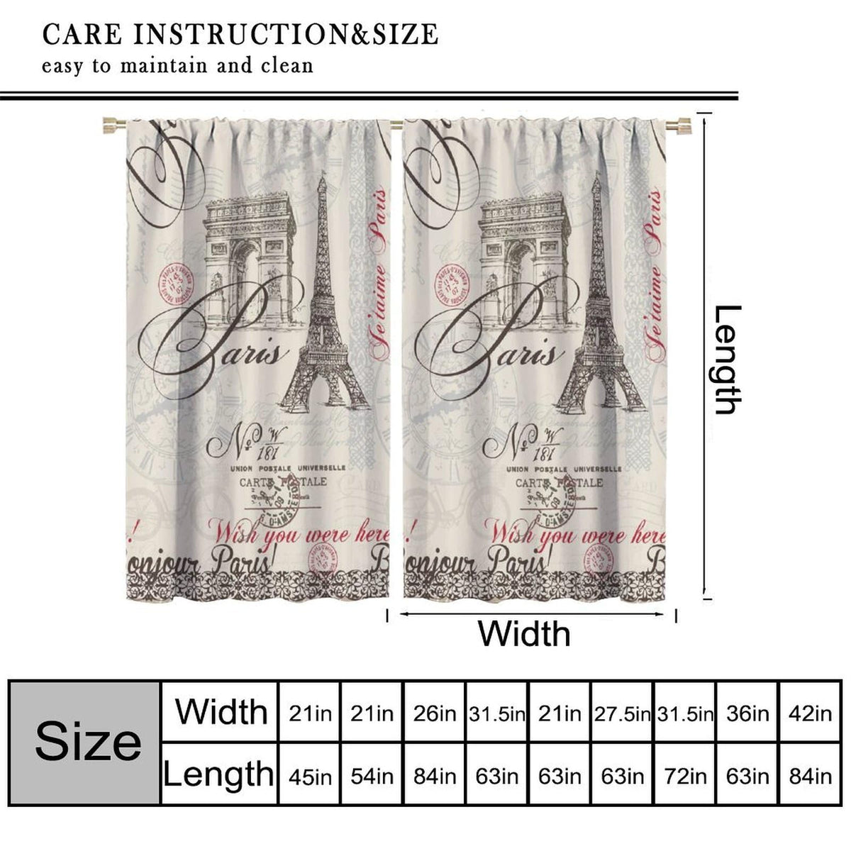 VUMIVI Vintage Stamps Curtains Paris Eiffel Tower Arc De Triomphe Postmarks Blessings Window Treatments for Bedroom Living Room Office Kitchen 42" W X 44.5" L