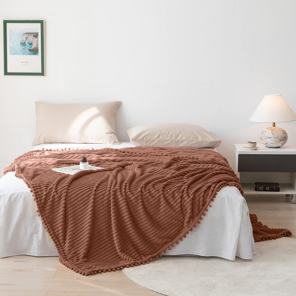 DISSA Fleece Blanket Throw Size – 51x63, Caramel – Soft, Plush, Fluffy, Fuzzy, Warm, Cozy – Perfect Throw for Couch, Bed, Sofa - with Pompom Fringe - Flannel Blanket Throw Blanket