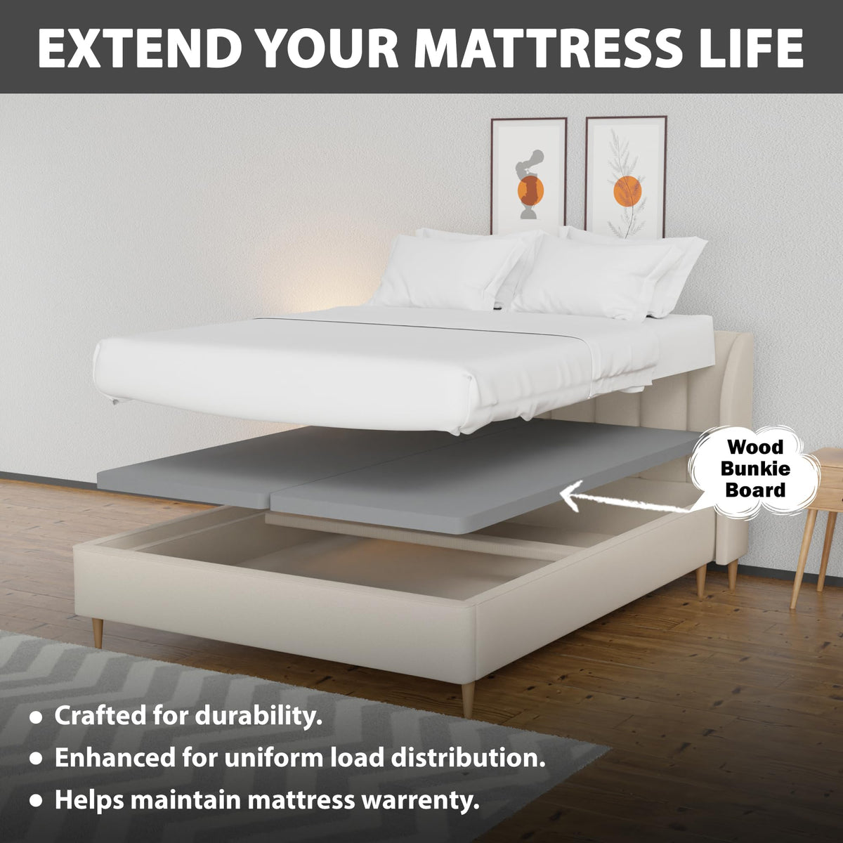 Zayton, 1.5" Split Wood Bunkie Board Queen Size Bed - 2-Piece Under Mattress Support Board, Fully Assembled, Fabric Ventilation Cover - Replaces Wooden Slats or Box Spring for Bed Frames