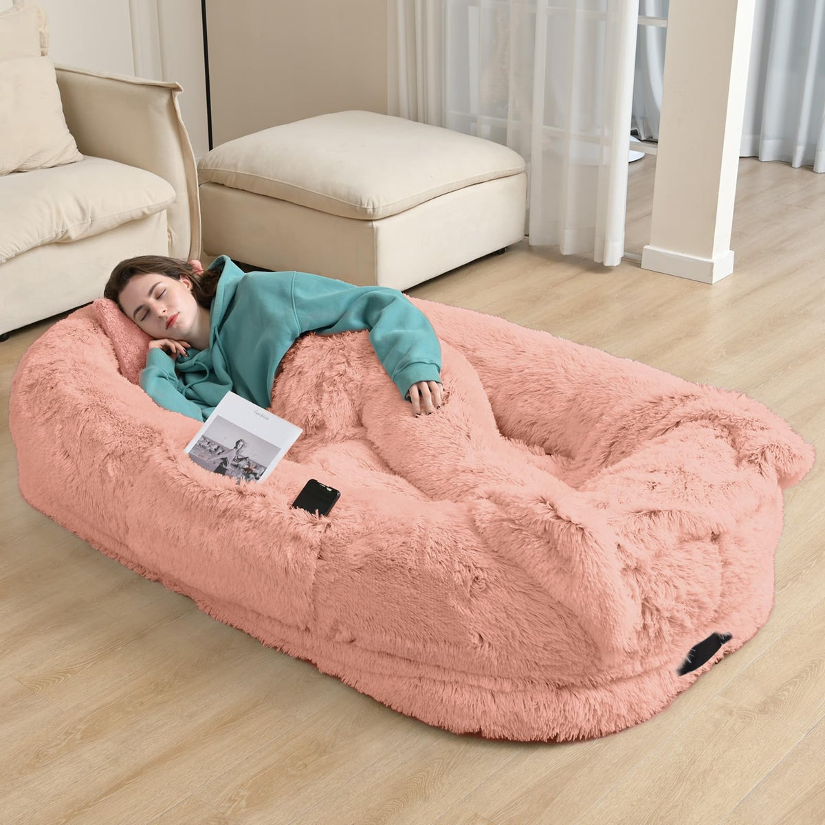 YAEM Pink Human Dog Bed, 71"x45"x12" Beds for Humans Size Fits You and Pets, Washable Faux Fur Bed People Doze Off, Napping Orthopedic Present Plump Pillow, Blanket