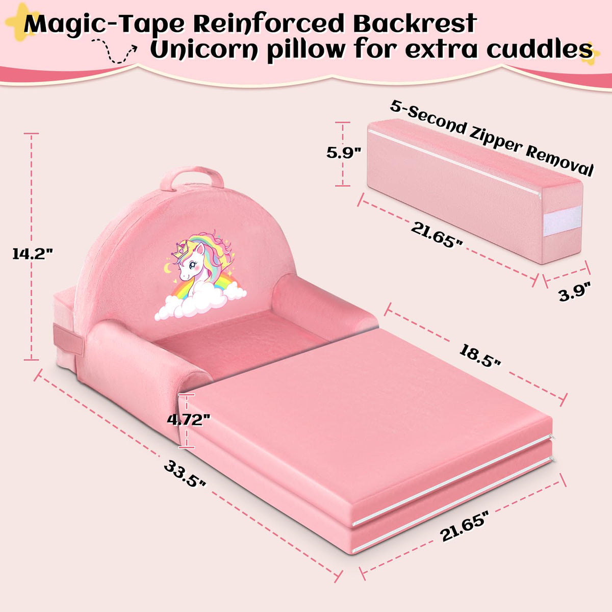 ORWIPO Unicorn Kids Sofa Bed with Removable Washable Cover & Hook and Loop Backrest – Foldable Toddler Chair, Cozy Crystal Velvet Furniture for Playtime, Naps & Travel (Pink, Unicorn Design)