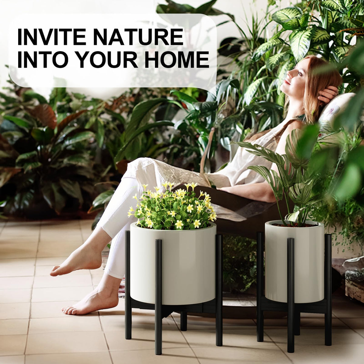 MUDEELA 14 Inch Tall Plant Stand for Indoor, Adjustable Width Bamboo Plant Stand for 8 9 10 11 12 Inches Pot, Single Tier Planter Holder Floor Stand, Mid Century Modern Style, Black, Without Pot