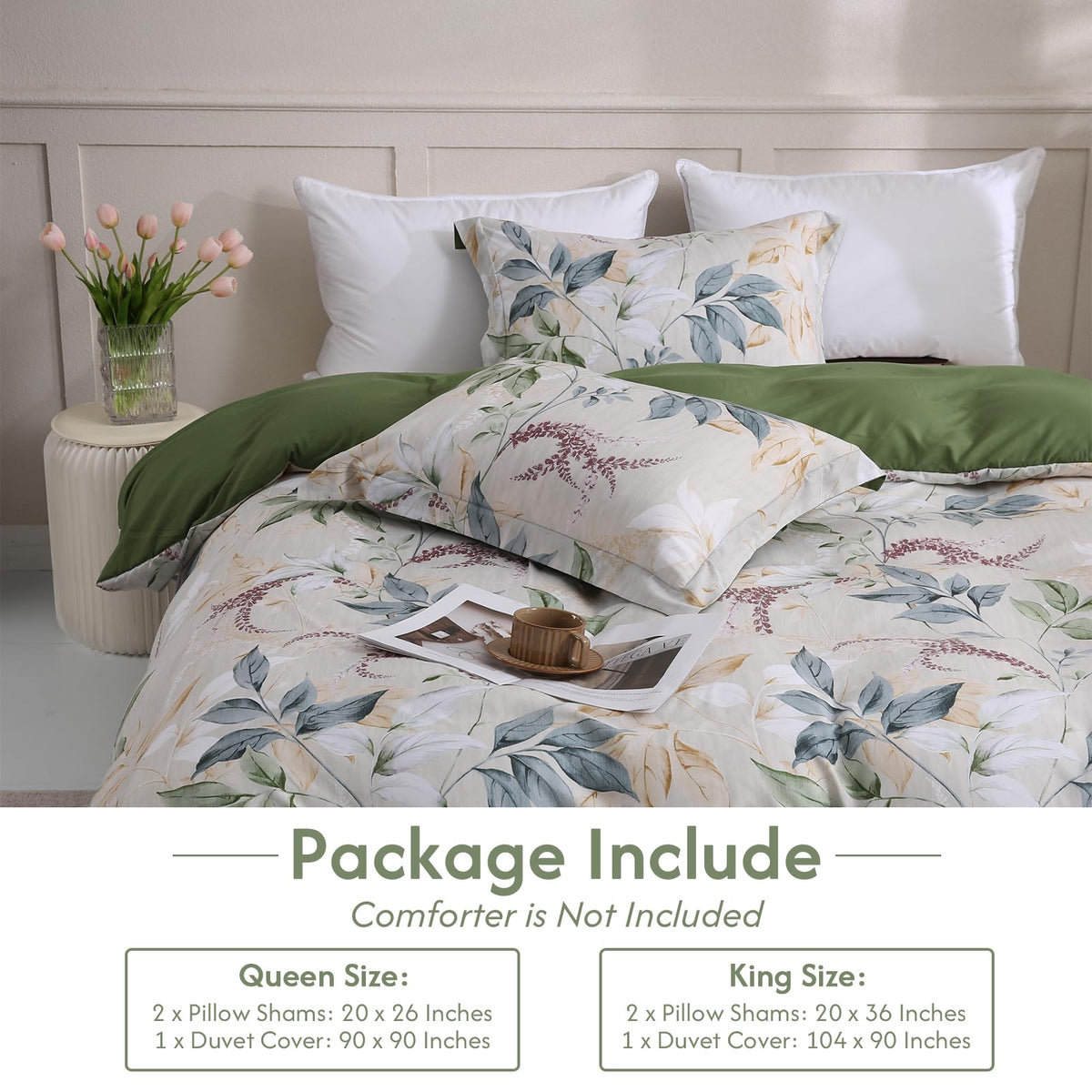 LONAVA Queen Botaincal 3 Pcs Duvet Cover Set, Breathable Soft Microfiber Forest Green Lining Comforter Cover with Zipper Closure, and 2 Anti-Pilling, Fade Resistant Pillowcases, Lavender