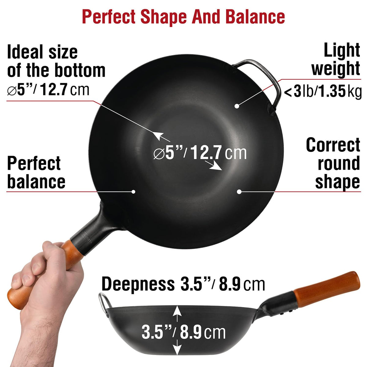 YOSUKATA Carbon Steel 11.8" Stir Fry Wok Pan + Reusable Natural Wooden Long Cooking Chopsticks Set of 3 pairs + Wok Lid 11.4 In + 17" Wok Spatula and Ladle and Turner Spatula
