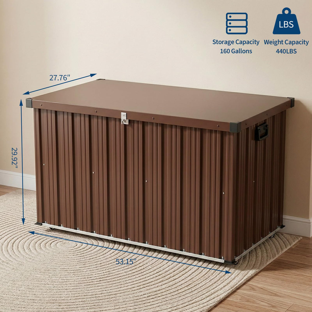 160 Gallon Outdoor Metal Storage Box, Waterproof Steel Deck Box with Lockable Soft-Close Lid, Dual Gas Struts, Wheels, Handles, Large Patio Cushion Tool Pool Storage, Brown,53.15"L x 27.76"W x 29.92"H