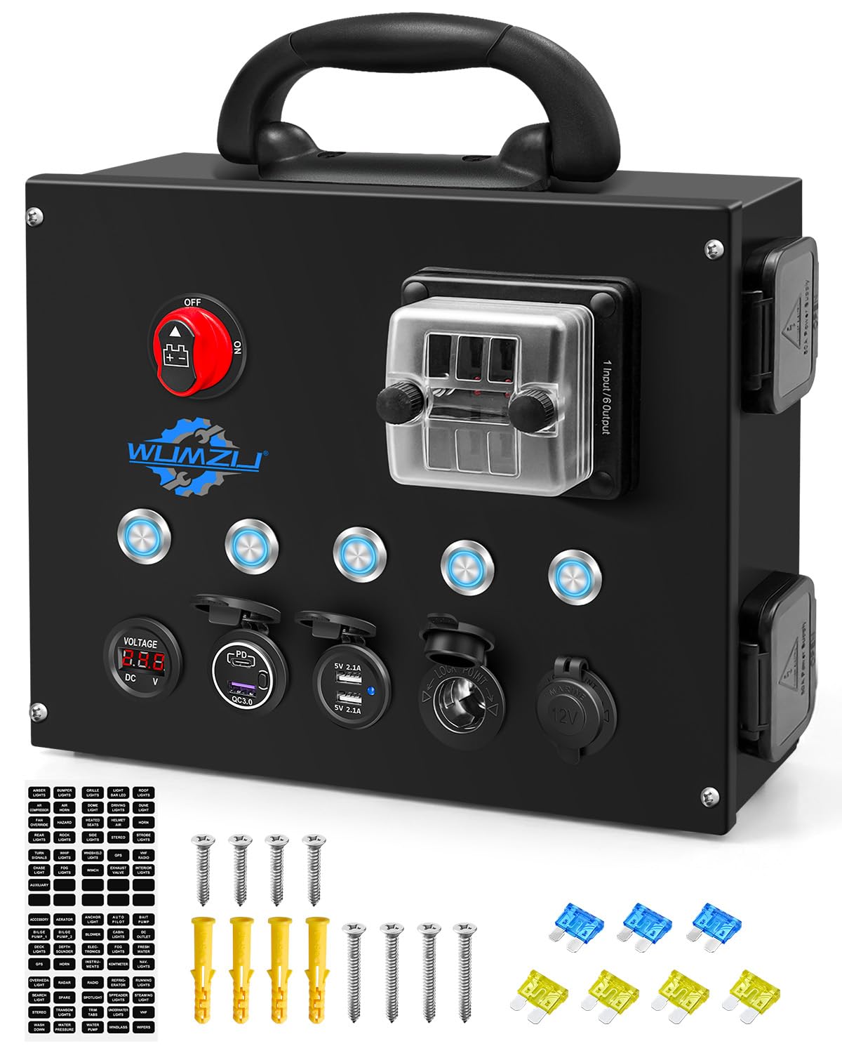 12/24V Control Hub Includes Switches Fuse Box Voltmeter USB Ports Cig Socket, Camping Electrical System Centre for Camper RVs Pickup Trucks 4WD Canopy Caravan, Battery Power Control Box